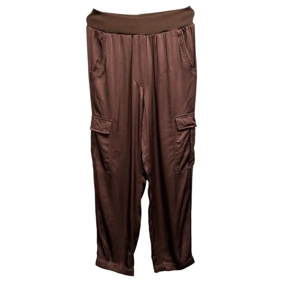 Pistola Chocolate Brown Cargo Pants Pull On Silky Satin Pockets Size Small - Picture 2 of 8